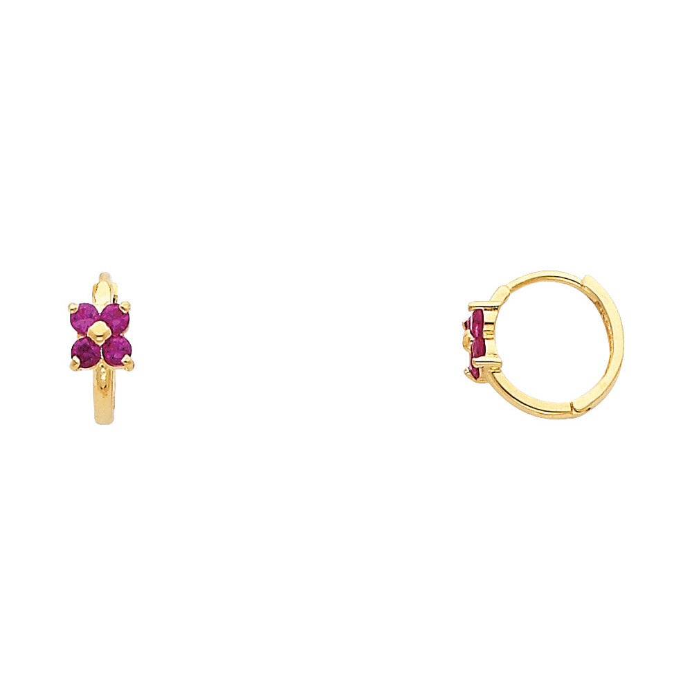 14K Yellow Gold Red Stone Flower Children’s Earrings