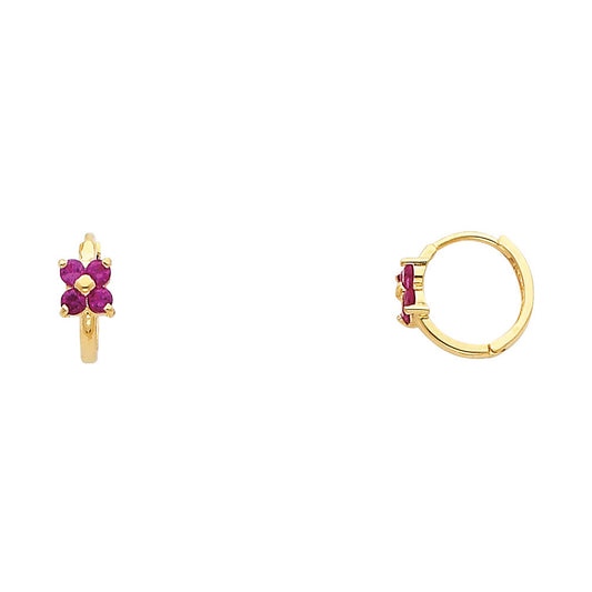 14K Yellow Gold Red Stone Flower Children’s Earrings