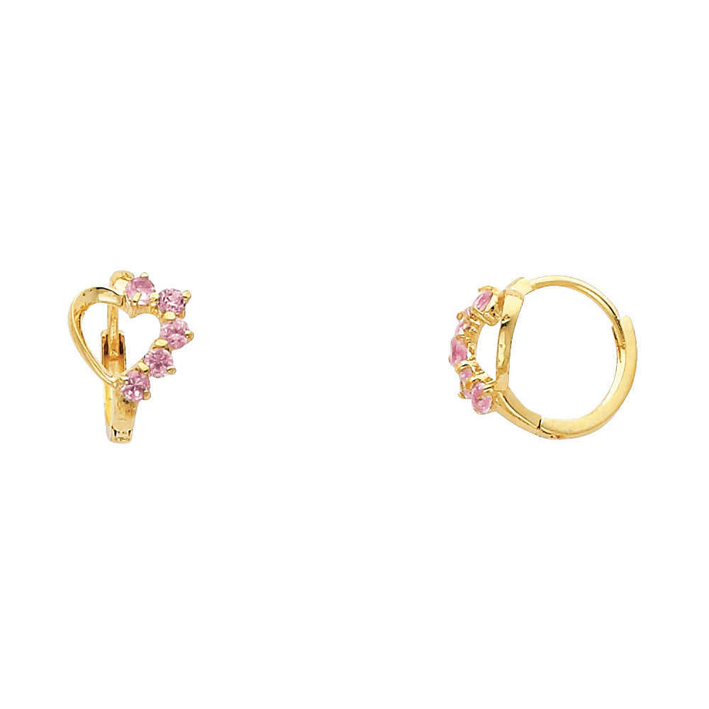 14K Yellow Gold Pink CZ Heart Children’s Earrings
