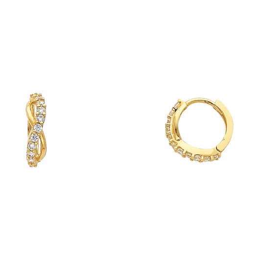 14K Yellow Gold Twisted Design Hoop CZ Earrings