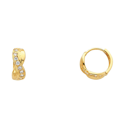 14K Yellow Gold Curved Crossover Hoop CZ Earrings