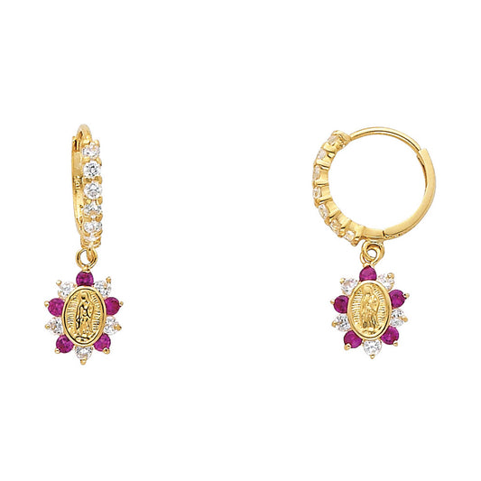 14K Yellow Gold Guadalupe Dangle Hoop CZ Earrings with Ruby-Colored Accents