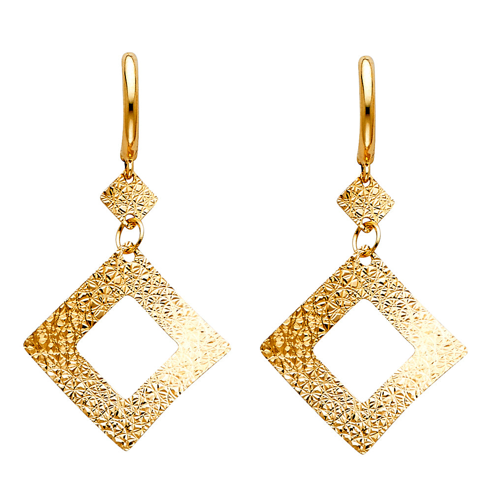 14K Yellow Gold Textured Diamond-Shaped Drop Earrings 1 1/2" tall