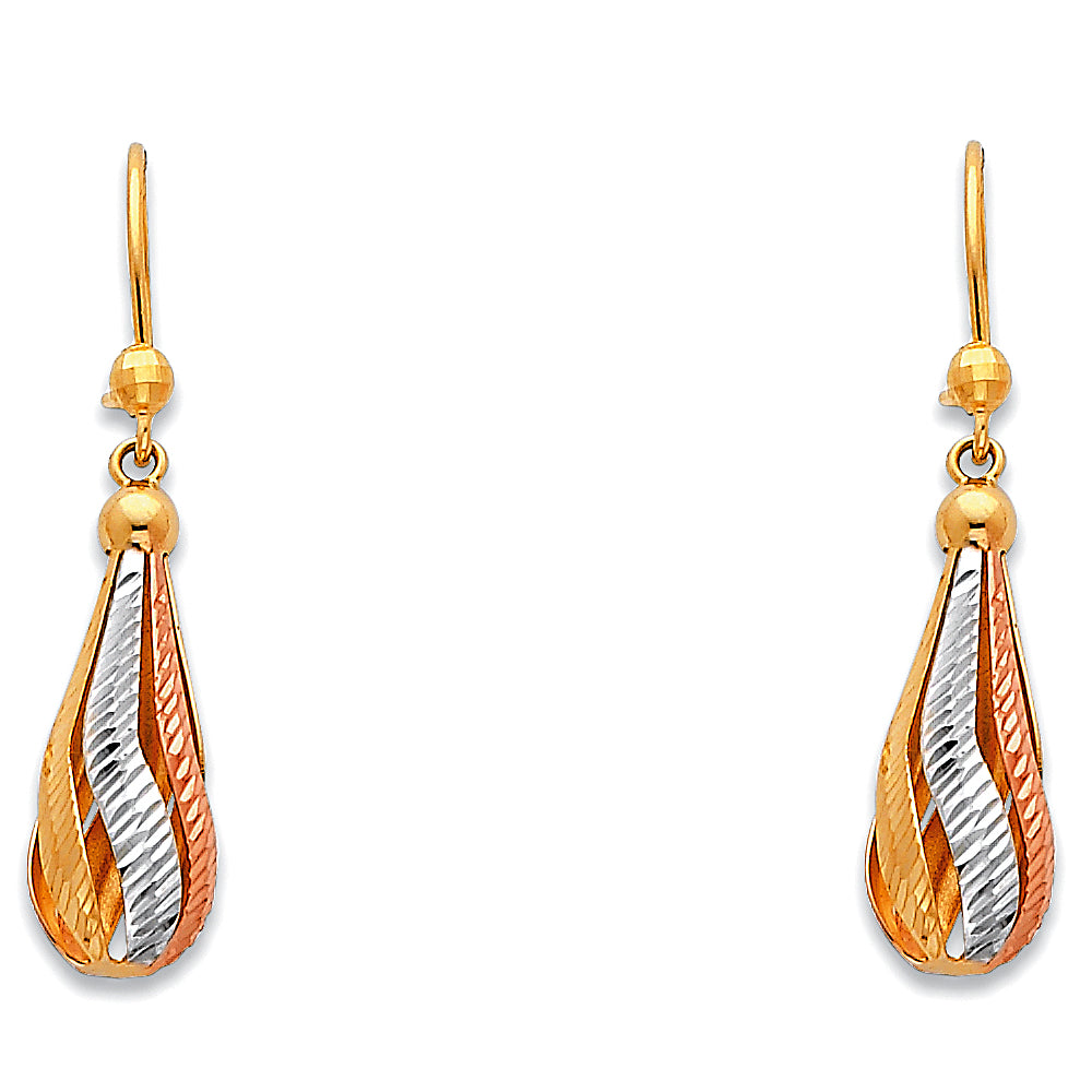 14K Tri-Color Gold Twisted Teardrop Earrings 1 1/2" tall