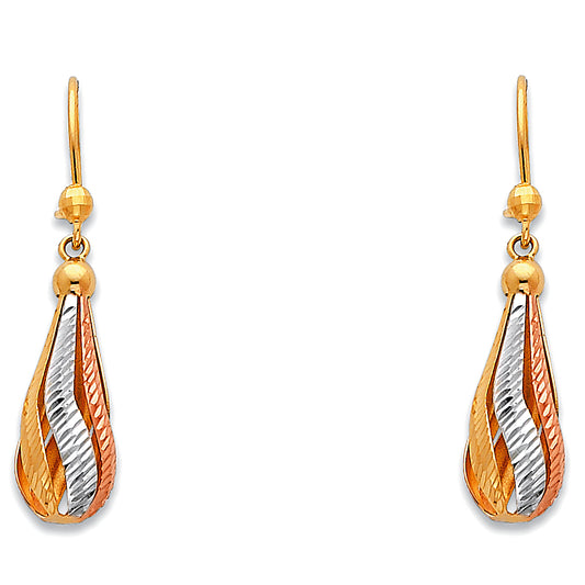 14K Tri-Color Gold Twisted Teardrop Earrings 1 1/2" tall