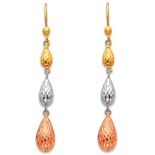 14K Tri-Color Gold Teardrop Dangle Earrings