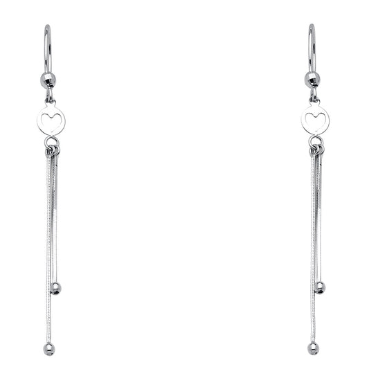 14K White Gold Heart Design Double Snake Chain Dangle Earrings
