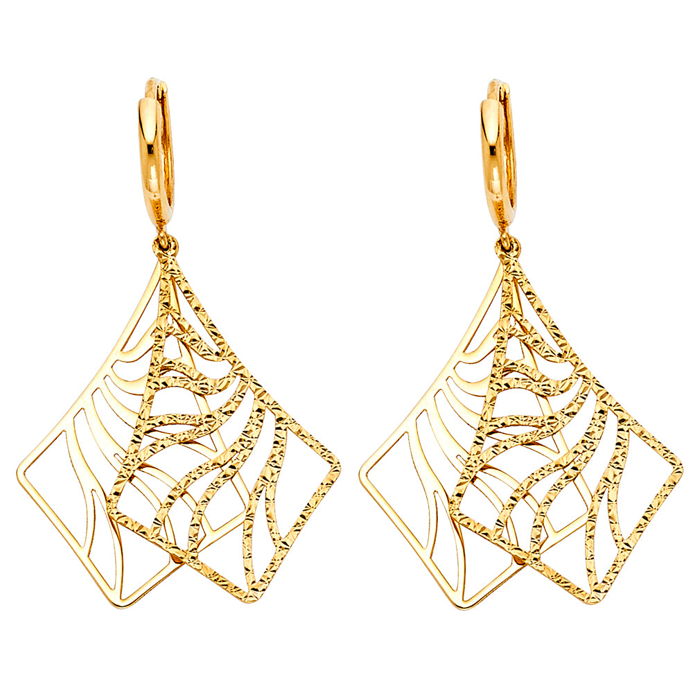 14K Yellow Gold Layered Filigree Geometric Drop Earrings 1 1/2" tall
