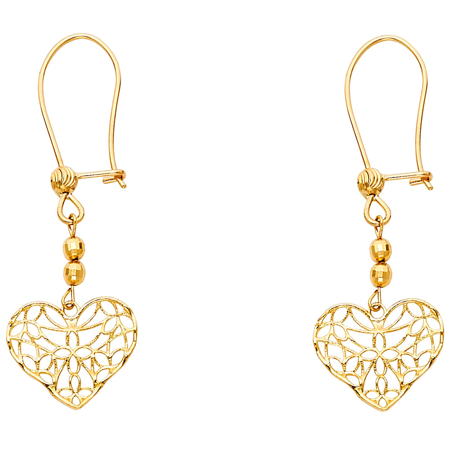14K Yellow Gold Filigree Heart Dangle Earrings