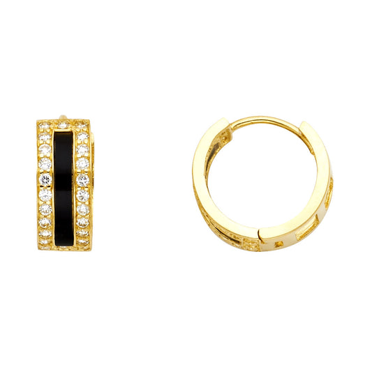 14K Yellow Gold Black Enamel and CZ Huggie Earrings