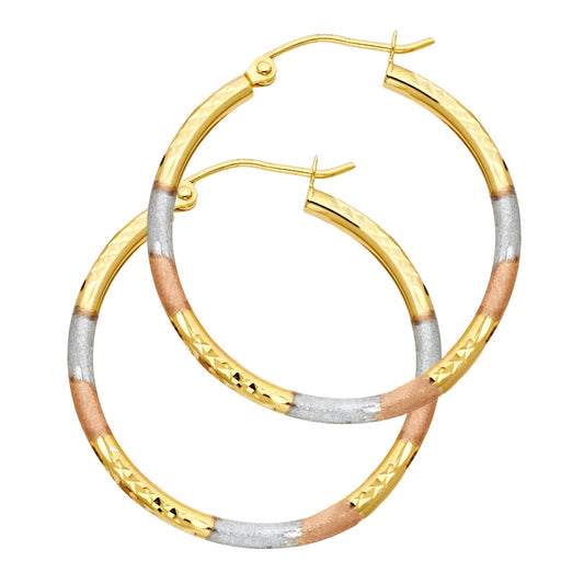 14K Tri-Color Gold Diamond-Cut Hoop Earrings 2.0mm thick aprox 1" in diameter