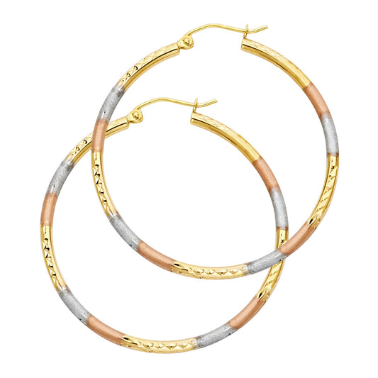 14K Tri-Color Gold Diamond-Cut Hoop Earrings 2.0mm thick aprox 1 1/2" in diameter