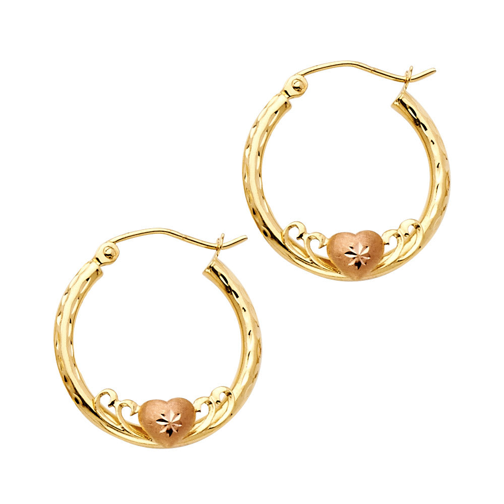 14K Two-Tone Gold Heart Accent Filigree Hoop Earrings 3/4" in diameter