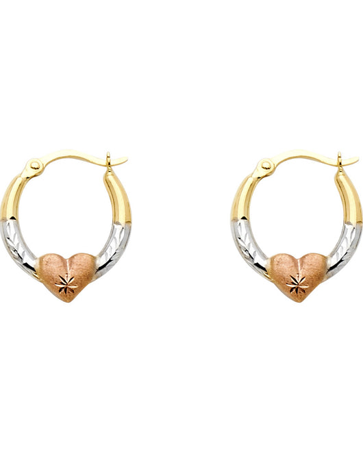 14K Tri-Color Gold Heart Accent Diamond-Cut Hoop Earrings aprox 3/4