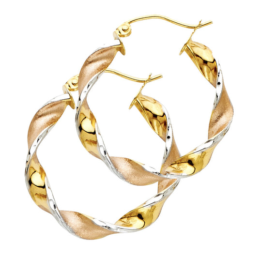 14K Tri-Color Gold Twisted Hoop Earrings 3mm thick aprox 1" in diameter