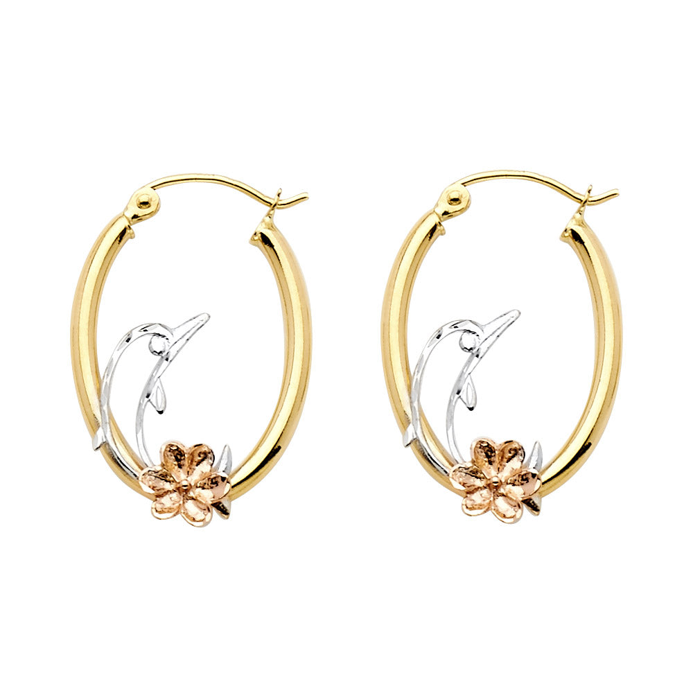 14K Tri-Color Gold Dolphin & Flower Design Hoop Earrings aprox 1" tall