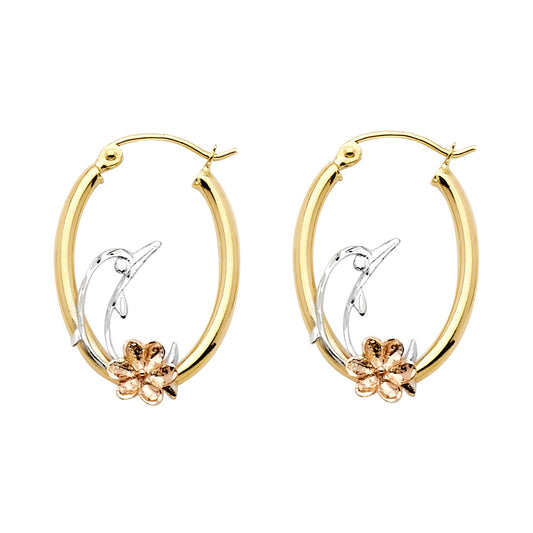 14K Tri-Color Gold Dolphin & Flower Design Hoop Earrings aprox 1" tall