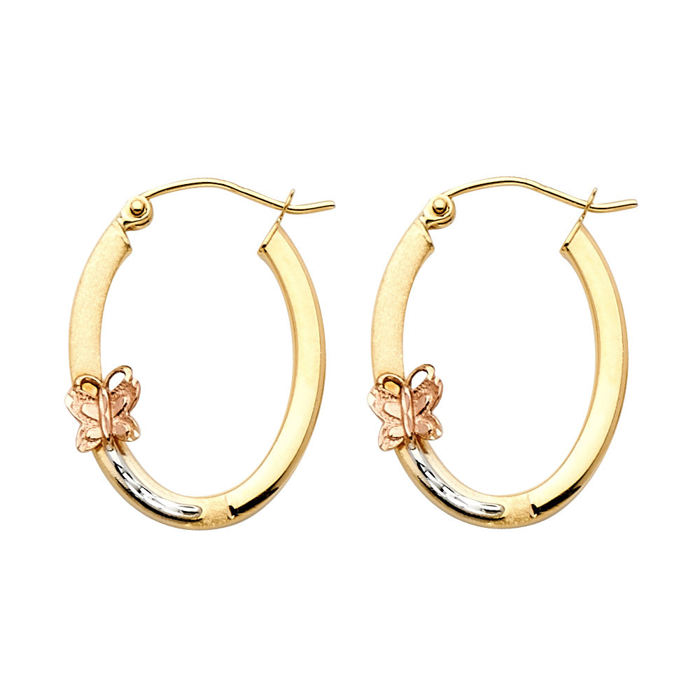 14K Tri-Color Gold Oval Butterfly Design Hoop Earrings aprox 1" tall