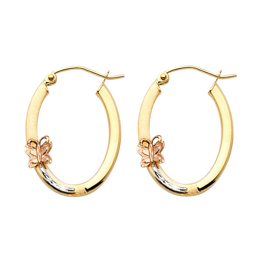 14K Tri-Color Gold Oval Butterfly Design Hoop Earrings aprox 1" tall