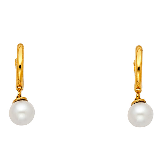 14K Yellow Gold Pearl Dangle Hoop Earrings