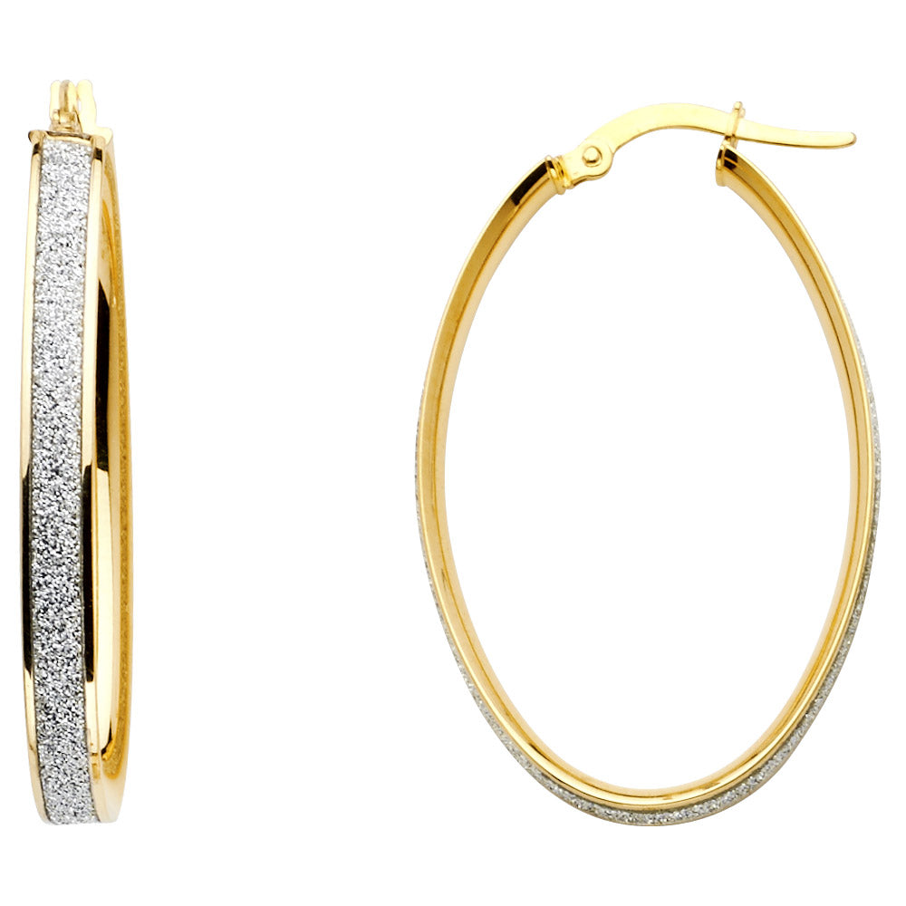 14K Two-Tone Gold Sandblast Oval Hoop Earrings aprox 1 1/2" Tall