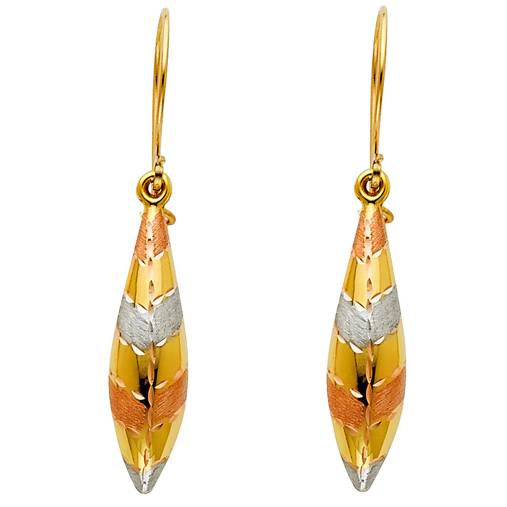 14K Tri-Color Gold Diamond-Cut Tapered Drop Earrings 1' tall