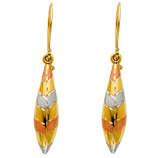 14K Tri-Color Gold Diamond-Cut Tapered Drop Earrings 1' tall