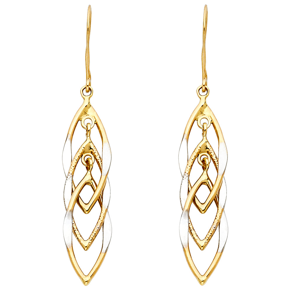 14K Two-Tone Gold Layered Marquise Drop Earrings 1 1/2" tall