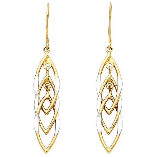 14K Two-Tone Gold Layered Marquise Drop Earrings 1 1/2" tall