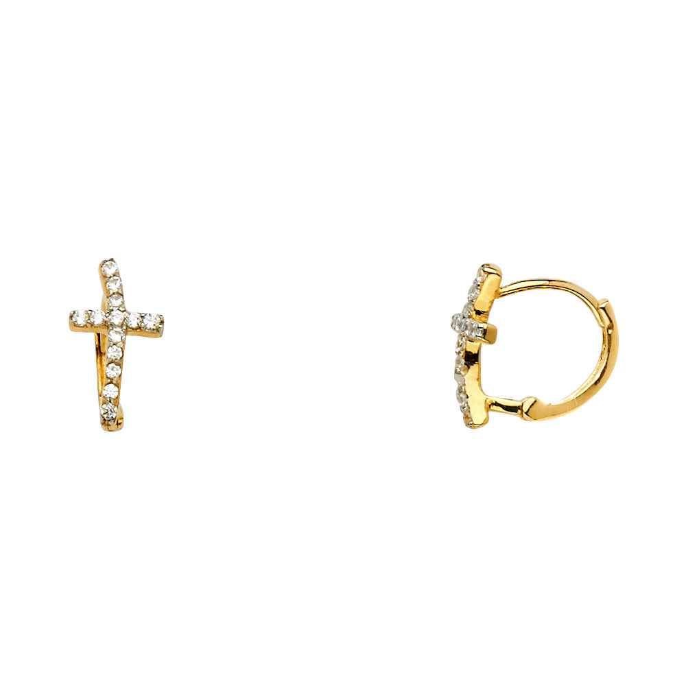 14K Yellow Gold Cross Design Hoop CZ Earrings