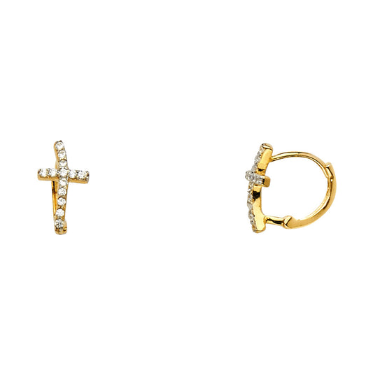 14K Yellow Gold Cross Design Hoop CZ Earrings