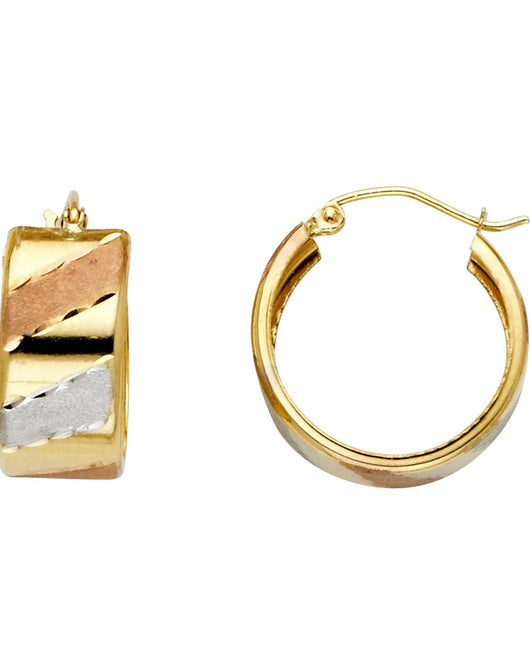 14K Tri-Color Gold High-Polished Hoop Earrings with Sandblast Diamond-Cut Accents aprox 3/4
