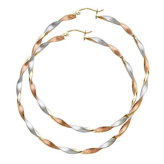14K Tri-Color Gold Twisted Hoop Earrings 3mm thick aprox 2.5" in diameter