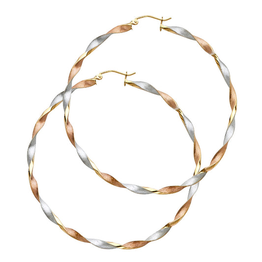 14K Tri-Color Gold Twisted Hoop Earrings 3mm thick aprox 2.2" in diameter