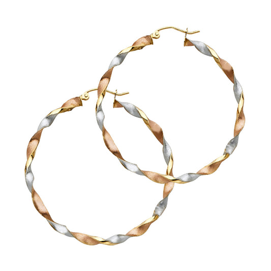14K Tri-Color Gold Twisted Hoop Earrings 3mm thick aprox 1 3/4" in diameter