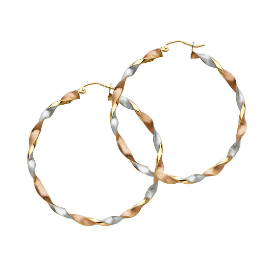 14K Tri-Color Gold Twisted Hoop Earrings 3mm thick aprox 1.5" in diameter