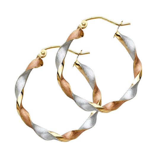 14K Tri-Color Gold Twisted Hoop Earrings 3mm thick aprox 1" in diameter