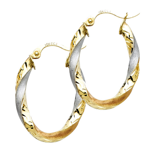14K Tri-Color Gold Greek-Key Design Twisted Hoop Earrings 3mm thick aprox 1" in diameter