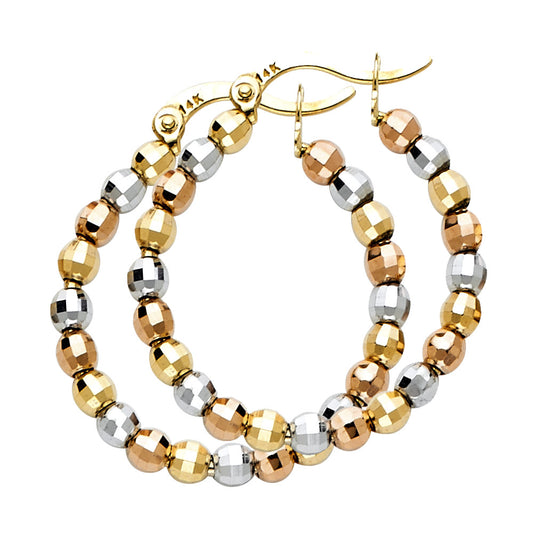 14K Tri-Color Gold Faceted Bead Hoop Earrings aprox 1" in diameter