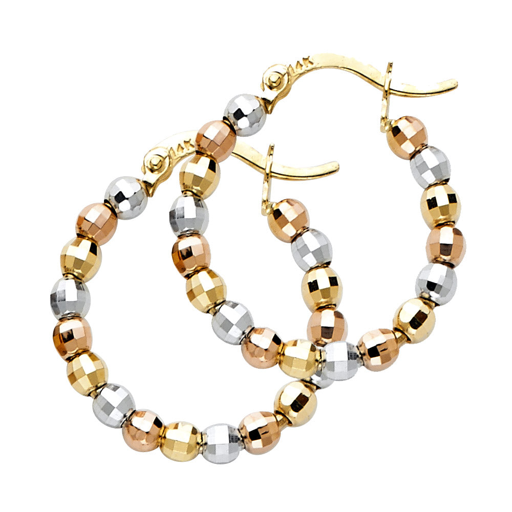 14K Tri-Color Gold Faceted Bead Hoop Earrings aprox 3/4" in diameter