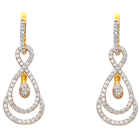 14K Two-Tone Gold Infinity Loop Teardrop CZ Dangle Earrings 1 1/4" tall