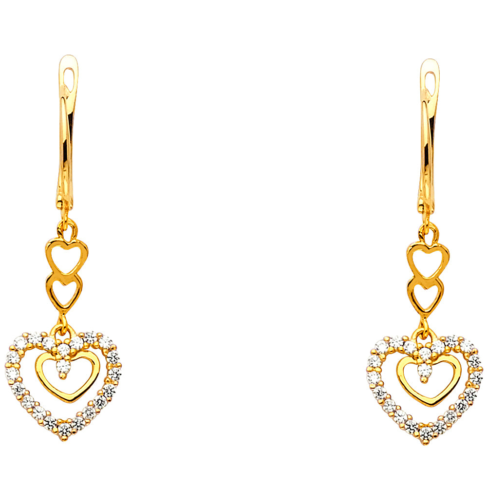 14K Yellow Gold Triple Heart CZ Dangle Earrings 3/4" tall