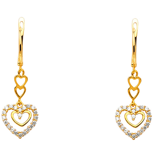 14K Yellow Gold Triple Heart CZ Dangle Earrings 3/4" tall