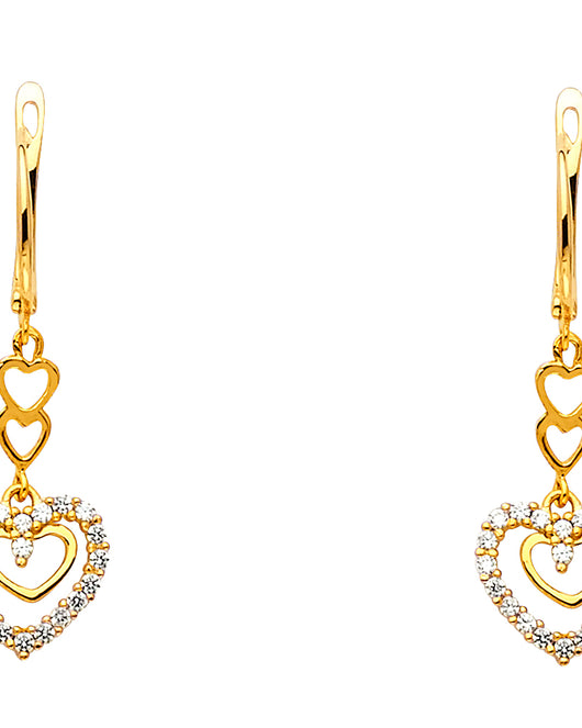 14K Yellow Gold Triple Heart CZ Dangle Earrings 3/4
