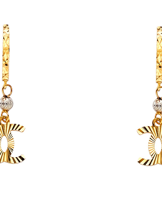 14K Two-Tone Gold Diamond-Cut Bar Double-C Dangle Earrings 1 1/4