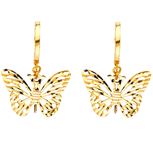 14K Yellow Gold Diamond-Cut Butterfly Dangle Earrings 1/2" tall