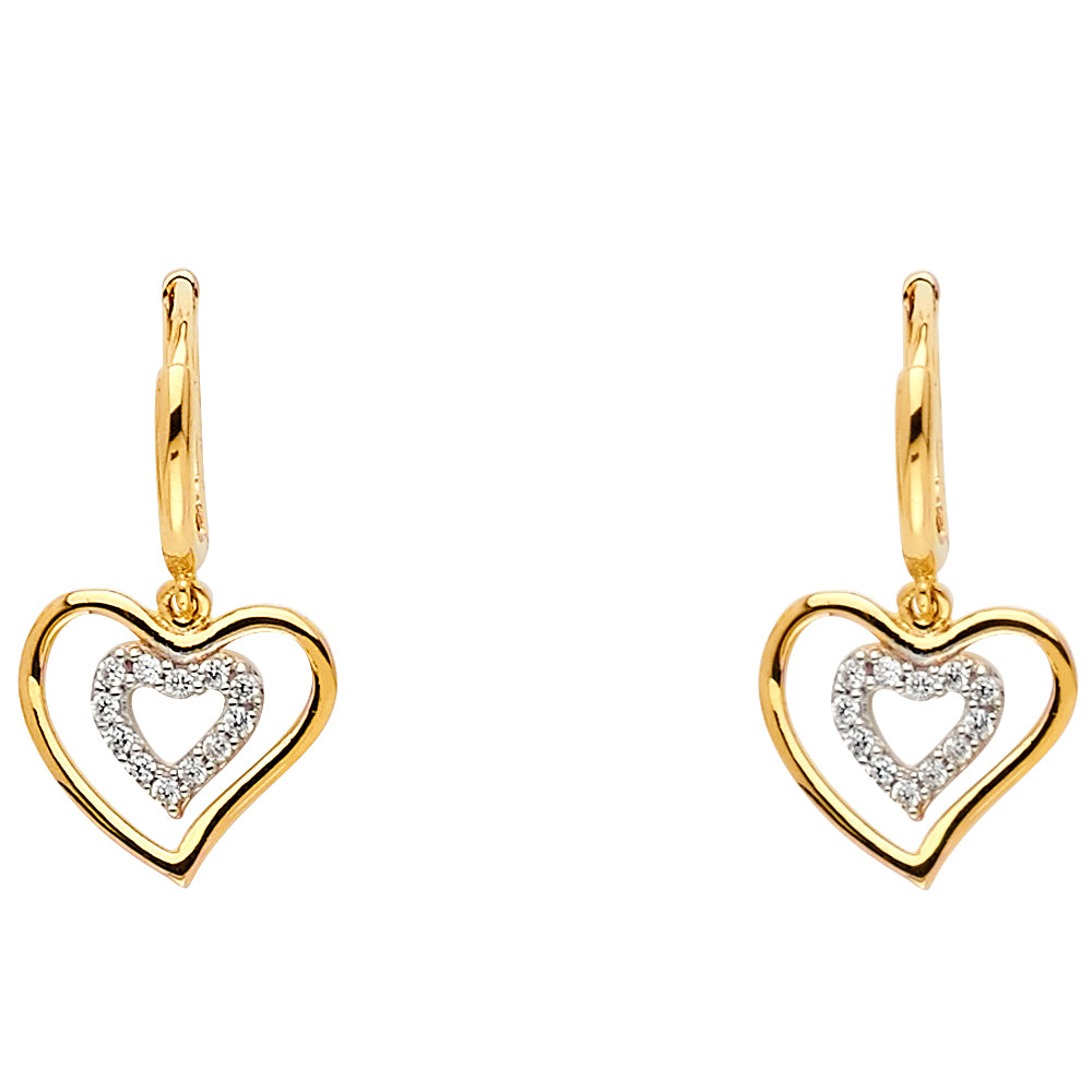 14K Yellow Gold Double Heart CZ Dangle Earrings 1/2" tall