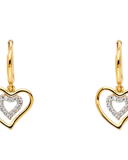 14K Yellow Gold Double Heart CZ Dangle Earrings 1/2