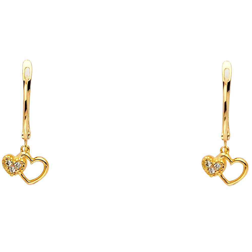 14K Yellow Gold Double Heart CZ Mini Dangle Earrings 1/4" tall