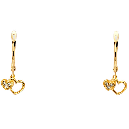 14K Yellow Gold Double Heart CZ Mini Dangle Earrings 1/4" tall